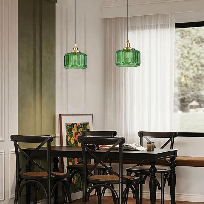 Lighting Green Pendant Light Mid Century Modern Hanging Light with Green Striped Glass Shade Vintage Kitchen Island Pendant Lights Gold Ceiling Pendant Light for Dining Room Bedroom