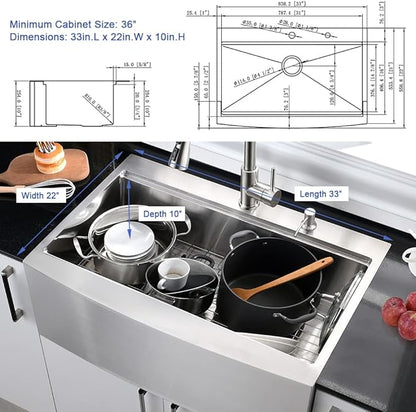 33 Inch Stainless Steel Farmhouse Sink Drop In Workstation-Hovheir 33x22 Drop In Apron Farmhouse Kitchen Sink Workstation Sinks 16 Gauge Stainless Steel Single Bowl Deep Farm Sinks with Cutting Board