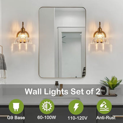 Vintage Brass Wall Sconce Bronze Bathroom Wall Light Made of Electroplated Copper Body and Pressed Patterned Glass Retro Vanity Lights for Bedroom, Doorway, Hallway
