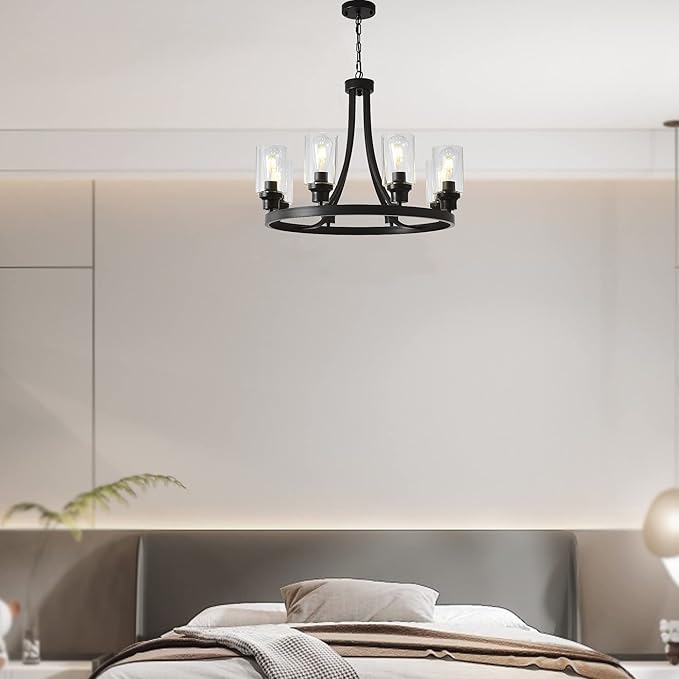 Black Wagon Wheel Chandelier 8 Lights, Rustic Chandelier Kitchen Island Lighting Industrial Chandelier with Clear Glass Shade, Farmhouse Pendant Light for Dining Room Living Room Bedroom