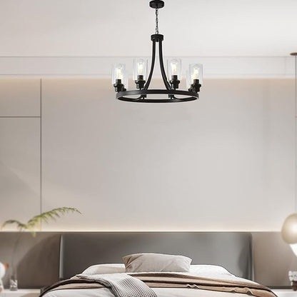 Black Wagon Wheel Chandelier 8 Lights, Rustic Chandelier Kitchen Island Lighting Industrial Chandelier with Clear Glass Shade, Farmhouse Pendant Light for Dining Room Living Room Bedroom