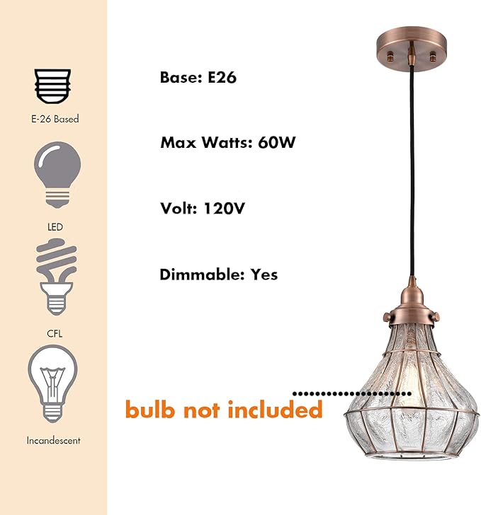 YUBOLE Copper Pendant Light with Cracked Glass Shade Vintage Kitchen Pendant Light Fixture E26 Based Red Antique Copper, Glass Hanging Light for Kitchen Dining Foyer
