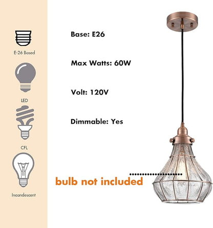YUBOLE Copper Pendant Light with Cracked Glass Shade Vintage Kitchen Pendant Light Fixture E26 Based Red Antique Copper, Glass Hanging Light for Kitchen Dining Foyer