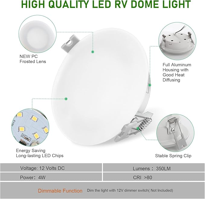 Risestar LED RV Recessed Ceiling Light 4.5Inch DC12V Cabinet Light Interior Lighting, LED Lights for Automobiles RV Motorhome Camper Caravan Trailer Boat, Warm White (Pack of 1)
