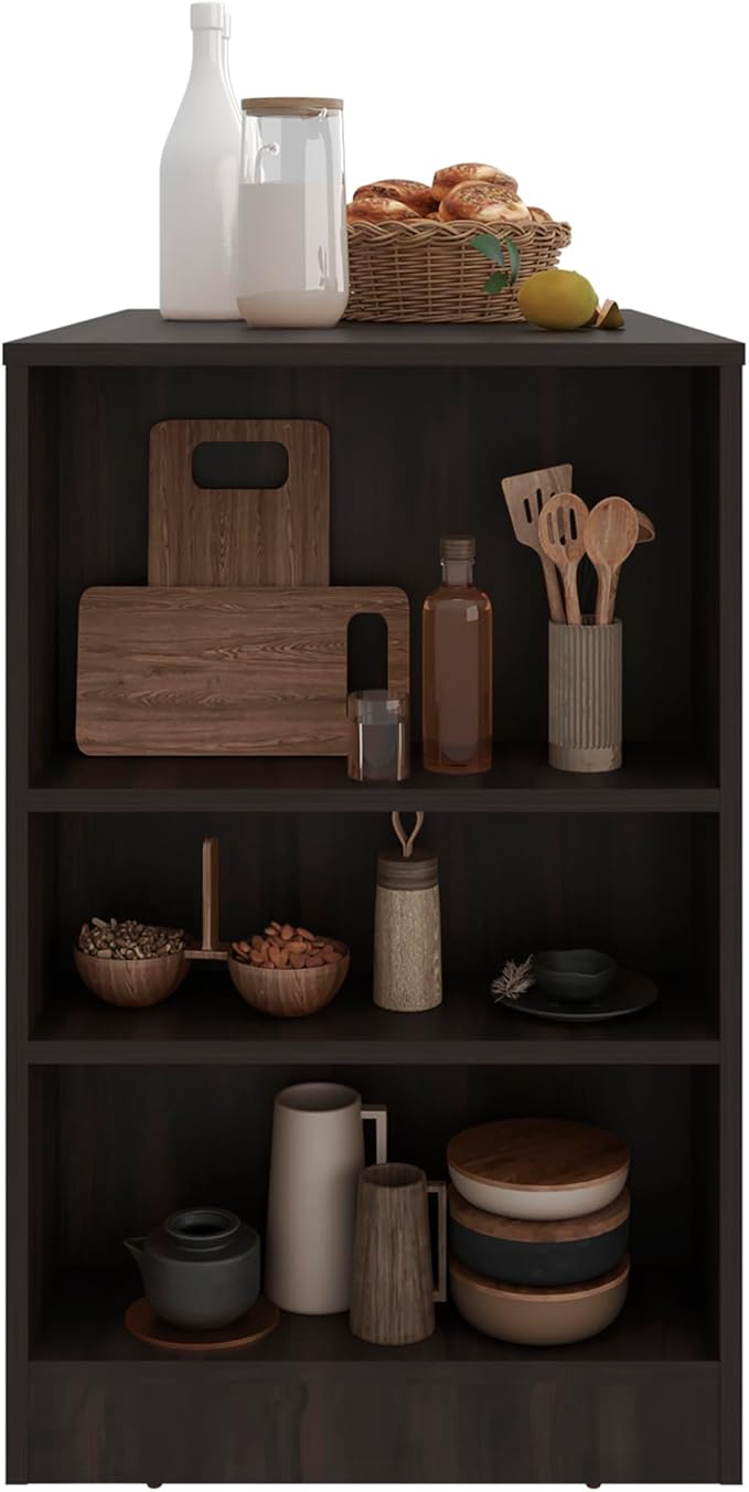 GOWE Lacour Kitchen Island, Kitchen Bar Table with 3-Side Shelves, Dark Walnut
