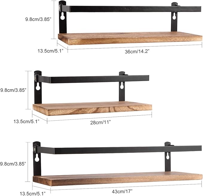 PHUNAYA Floating Shelves Rustic Wood Wall Mounted Shelf Practical Metal Fence Design Ideal for Bedroom, Bathroom, Kitchen Set of 3(Carbonized Black)