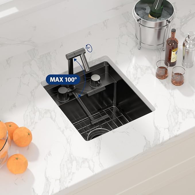 Sarlai Black Outdoor Sink, 15x17 Inch Undermount Kitchen Sink Workstation with Foldable Faucet Bar Prep Single Bowl Gunmetal Black 16 Gauge Stainless Steel Sinks with Cover,BBQ Sinks Outside
