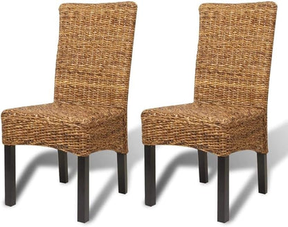 Handwoven Abaca and Mango Wood Dining Chairs Set of 2, Brown Manila Style Indoor Furniture with Natural Banana Leaf Seating for Kitchen Dining Room Farmhouse Decor