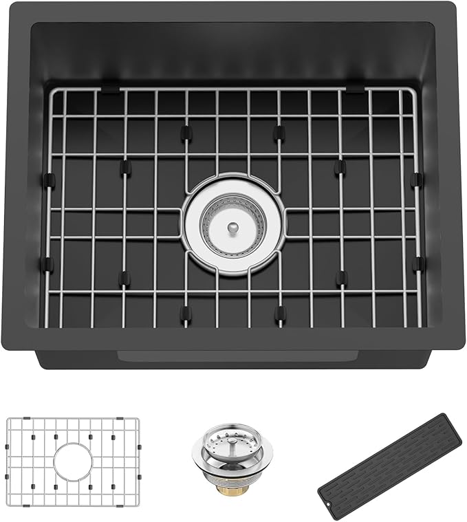 Black Kitchen And Bar Sink, 20x16 Inch Stainless Steel Undermount Modern Single Bowl Kitchen And Bar Sink Combo-SS Grid,Silicon Mat,Drain Strainer Set Compatibility With Various Kitchen&Bar Style