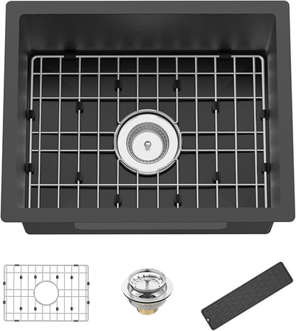 Black Kitchen And Bar Sink, 20x16 Inch Stainless Steel Undermount Modern Single Bowl Kitchen And Bar Sink Combo-SS Grid,Silicon Mat,Drain Strainer Set Compatibility With Various Kitchen&Bar Style