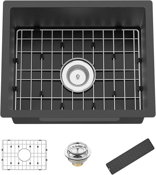 Black Kitchen And Bar Sink, 20x16 Inch Stainless Steel Undermount Modern Single Bowl Kitchen And Bar Sink Combo-SS Grid,Silicon Mat,Drain Strainer Set Compatibility With Various Kitchen&Bar Style