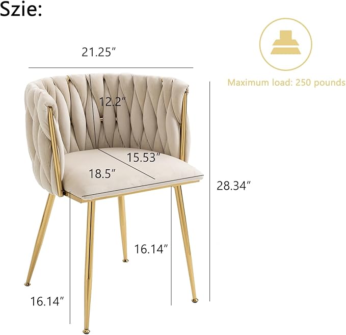 Nrizc Velvet Dining Chairs Set of 2, Woven Upholstered Dining Chairs with Gold Metal Legs, Modern Accent Chairs for Living Room, Dining Room, Kitchen