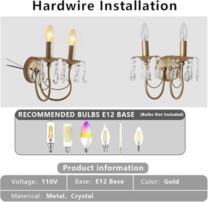 Crystal Wall Sconce Vintage Candle Wall Sconces Gold Wall Lamp Antique Sconces Hardwired Wall Lighting Vanity Light Victorian Wall Sconce Lighting for Living Room Hallway Bathroom Bedroom