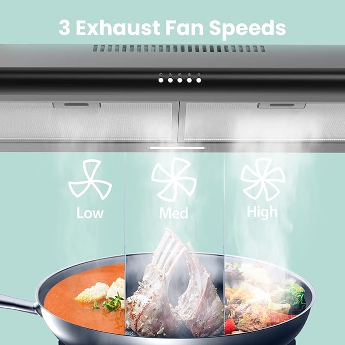 COMFEE' 30 Inch Under Cabinet Range Hood, 3-Speed Slim Black Hood Fan for Kitchen, Convertible Ducted/Ductless Vent Hood, Stove Hood Vent with Reusable Filters and 65dB Low Noise