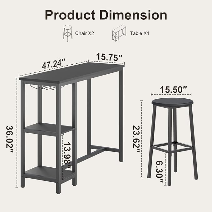 Qsun Small Bar Table Set for 2, Bar Table and Chairs Set for 2, Kitchen Table for 2 with 2 Storage Shelves & Wine Glass Holder, Dining Table for Small Apartment, Dining Room, Black