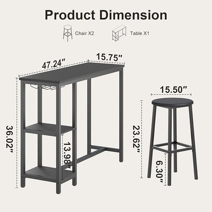 Qsun Small Bar Table Set for 2, Bar Table and Chairs Set for 2, Kitchen Table for 2 with 2 Storage Shelves & Wine Glass Holder, Dining Table for Small Apartment, Dining Room, Black