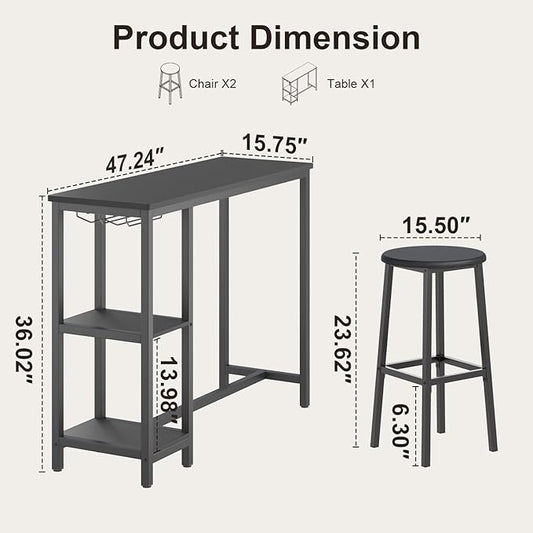 Qsun Small Bar Table Set for 2, Bar Table and Chairs Set for 2, Kitchen Table for 2 with 2 Storage Shelves & Wine Glass Holder, Dining Table for Small Apartment, Dining Room, Black