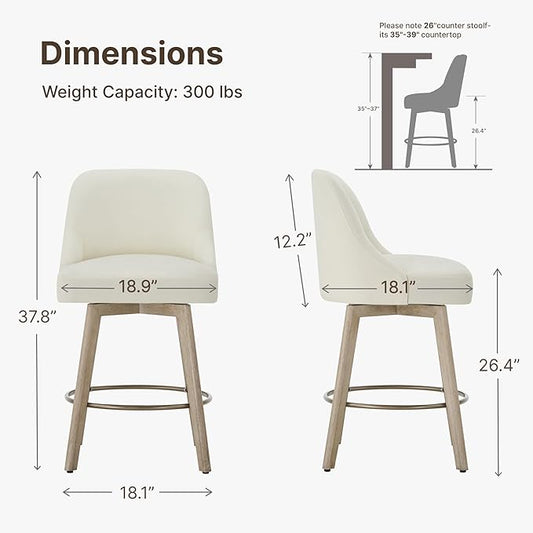 Counter Height Bar Stools Set of 2, Modern Swivel Barstools with Back and Wood Legs, Fabric Upholstered Bar Chairs, 26" Seat Height Counter Stools for Kitchen Island,Ivory