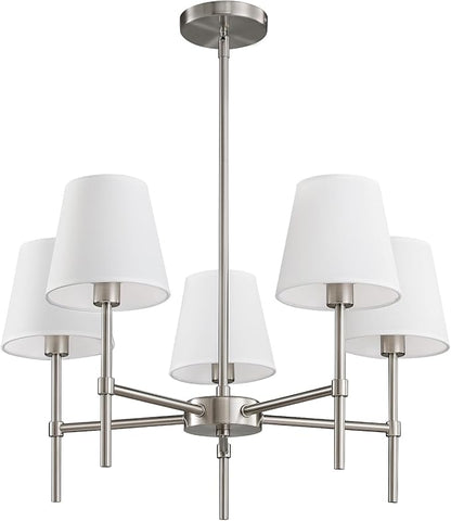 RUIYEY Dining Room Chandeliers Light - 5-Light Brushed Nickel Modern Chandeliers Light Fixtures with White Fabric Shade, Height Adjustable Pendant Island Lights for Entryway Farmhouse