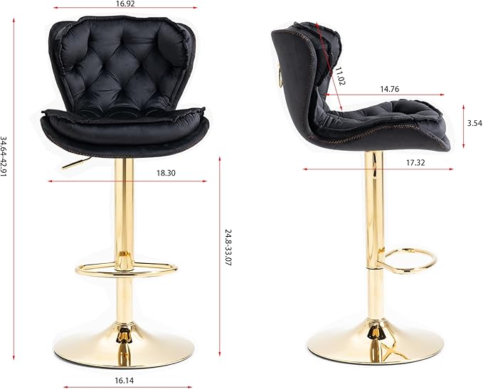 Rhomtree 24-33 Inch Swivel Bar Stools, Adjustable Counter Height Barstools, Velvet Back and Golden Footrest, Bar Chairs for Kitchen Island, Cafe, Bar, Bar Counter, Dining Room, Coffee(Black Set of 8)