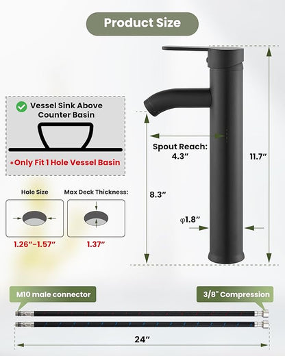 gotonovo Vessel Sink Faucet Modern Tall Bathroom Faucet Single Handle One Hole Stainless Steel Vanity Lavatory Rv Bowl Basin Mixer Tap with Supply Lines and Metal Pop Up Drain, Matte Black