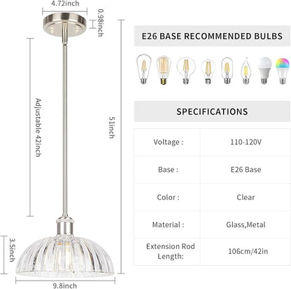 JYO 10" Brushed Nickel Pendant Lighting, Vintage Single Pendant Light Fixtur with Ribbed Glass, Pendant Light for Kitchen Island Bedroom Hotel Living Room