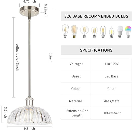 JYO 10" Brushed Nickel Pendant Lighting, Vintage Single Pendant Light Fixtur with Ribbed Glass, Pendant Light for Kitchen Island Bedroom Hotel Living Room