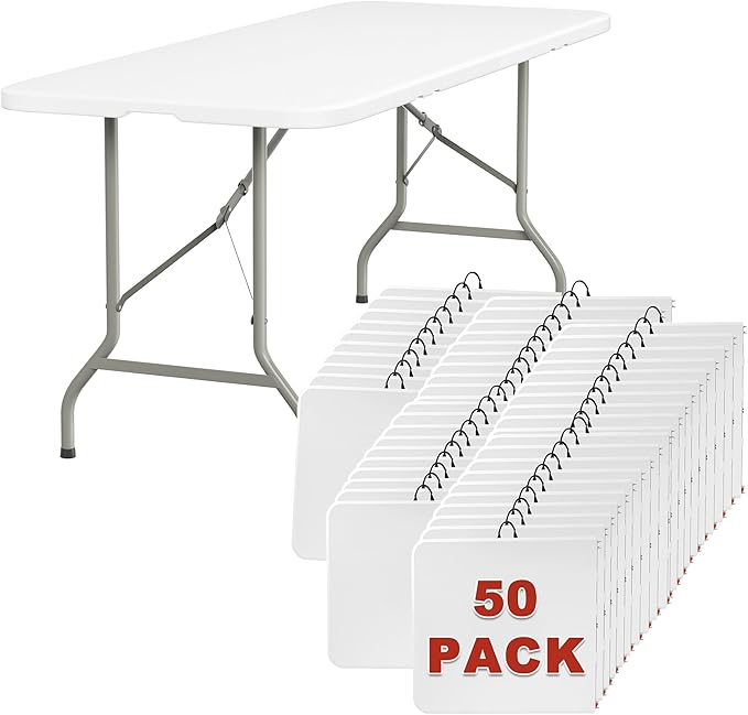 Elevon 6FT Folding Tables – Heavy Duty Portable Foldable Table with Built-in Handle, 300 lb Capacity – Ideal for Events, Parties, Crafts, Camping & Dining (50-Pack)
