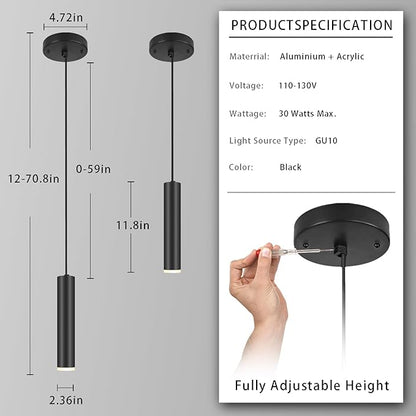 Modern Black-on-Gold Cylindrical Chandelier, 1-Light Pendant with Adjustable Cord, Matching GU10 Socket for Living Room, Bedroom and Dining Room (Wide Beam Angle) (2 Pack)