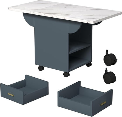 39.4" Folding Table with Storage & Wheels - Multi-Functional Kitchen Island, Dining Table, Desk - White Marble Texture, Space-Saving Design, Easy Assembly