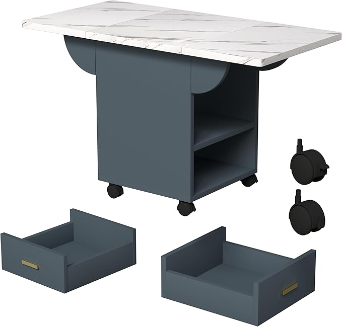 39.4“ Rolling Folding Table with Storage Drawer, Multi-Functional Expandable Dining Table & Kitchen Island on Wheels, Mobile Space-Saving Desk with Marble Top