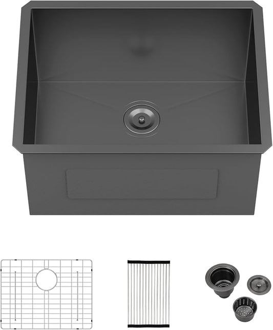 Logmey 23x18 Black Undermount Laundry Sink 23 Inch Laundry Room 12" Deep Sinks Handmade 16 Gauge Heavy Duty Stainless Steel Large Capacity Utility Washing Tub for Home & Commercial Use