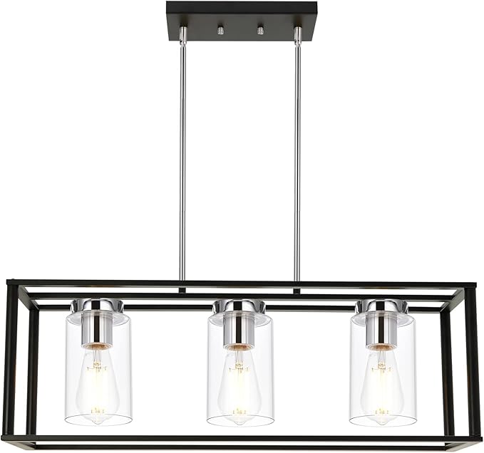VINLUZ 3 Light Black and Chrome Finish Kitchen Island Light,Adjustable Hanging Pendant Lighting with Clear Glass Shades Rectangular Dining Room Chandeliers Adjustable Height