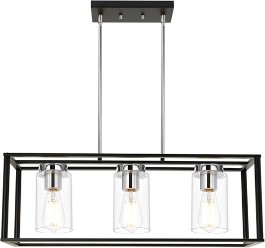 VINLUZ 3 Light Black and Chrome Finish Kitchen Island Light,Adjustable Hanging Pendant Lighting with Clear Glass Shades Rectangular Dining Room Chandeliers Adjustable Height