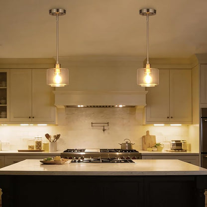 Brushed Nickel Pendant Lights Kitchen Island 2 Pack, Modern Clear Glass Hanging Light Fixtures with Rods, Mini Kitchen Pendant Lighting Over Island for Sink Bathroom, OS-YQ8153-2PBNC