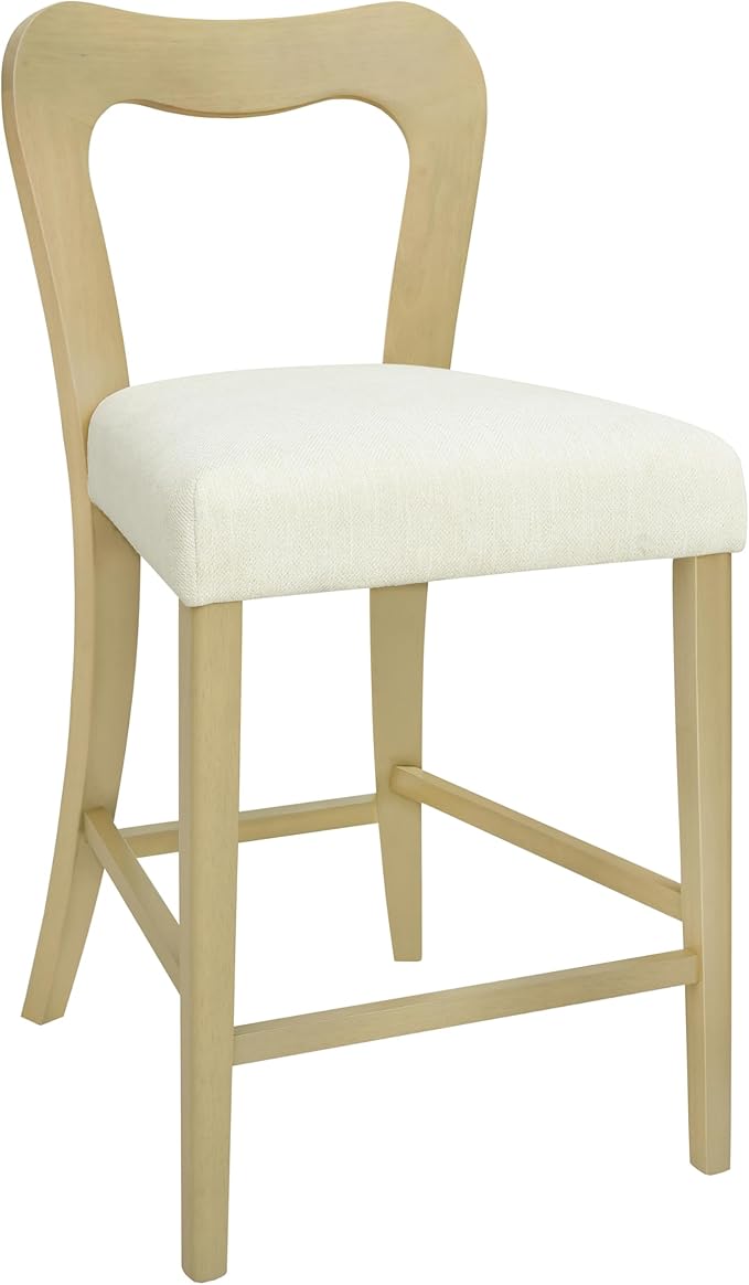 Counter Stools Without Arms Set of 2 (Light Ash + Beige) - Solid Rubberwood Frame & Fabric Seat, Ergonomic Curved Back, 300LBS Capacity for Kitchen Island, Dining Room, Home Bar