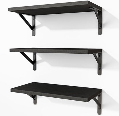 Fixwal Black Shelves for Wall, Wood Wall Mounted Floating Shelves for Bedroom, Bathroom, Living Room, Kitchen Storage and Decor(Black, Set of 3, 16.5 Inch)