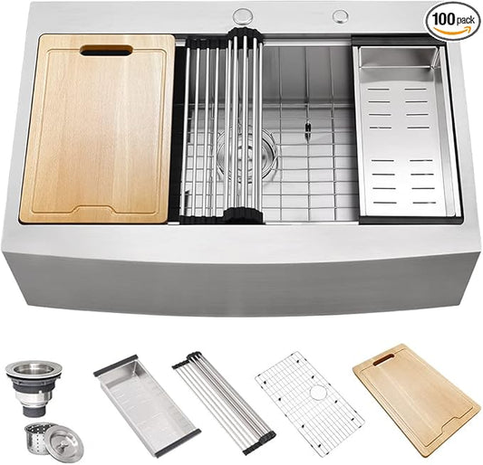 33 Inch Stainless Steel Farmhouse Sink Drop In Workstation-Hovheir 33x22 Drop In Apron Farmhouse Kitchen Sink Workstation Sinks 16 Gauge Stainless Steel Single Bowl Deep Farm Sinks with Cutting Board