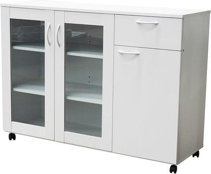 Kings Brand Furniture Buffet Server Sideboard Kitchen Storage Cabinet with Adjustable Shelves & Drawer, White Wood & Glass, 45.5" W x 15" D x 33" H