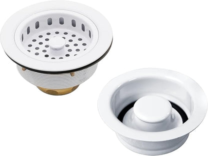 Westbrass A2165-50 4-1/4" OD Post Style Large Kitchen Basket Strainer with Waste Disposal Flange and Stopper Drain Set, Powder Coat White