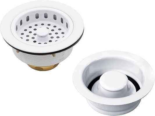 Westbrass A2165-50 4-1/4" OD Post Style Large Kitchen Basket Strainer with Waste Disposal Flange and Stopper Drain Set, Powder Coat White