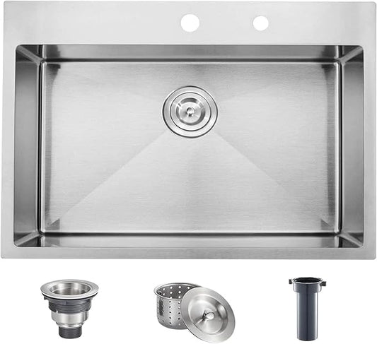 Comllen 28 inch Drop in Kitchen Sink, 28x18 inch Topmount Stainless Steel Sink, 18 Gauge T304 Single Bowl Kitchen With Strainer
