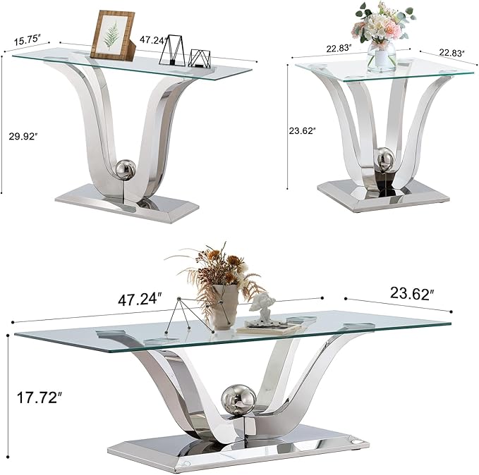 Luxury Glass Coffee Table Set of 4 Piece Silver Living Room Table Set of 4 Including Coffee Sofa End Tables Set,Gorgeous Stainless Steel Frame, Clear Glass Top for Living Room Home Office Apartment