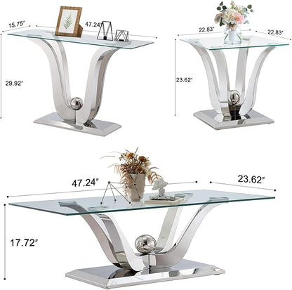 Luxury Glass Coffee Table Set of 3 Piece Silver Living Room Table Set of 3 Including Coffee End Sofa Tables Set,Gorgeous Stainless Steel Frame, Clear Glass Top for Living Room Home Office Apartment