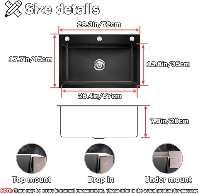 28.3 * 17.7in Drop In Kitchen Sink,Black Stainless Steel Single Bowl Sink,Topmount Workstation Sink With Pull Out Faucet,Soap Dispenser And Drain Basket
