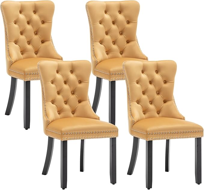 Eifizek Velvet Dining Chairs Set of 4, Upholstered Dining Room Chairs with Nailhead Ring Pull Trim, Button Tufted Wing Back Chairs for Dining with Solid Wood Legs for Kitchen Dining Room(Gold)