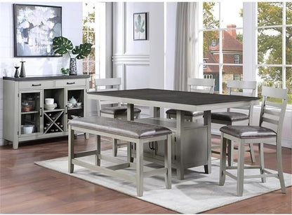 BOWERY HILL Wood 7-Piece Dining Set, Stone Gray and Charcoal Finish, 80 in Table with Faux Leather Chairs and Bench, Server with Glass Doors, Storage Cabinet, for Dining Room or Kitchen