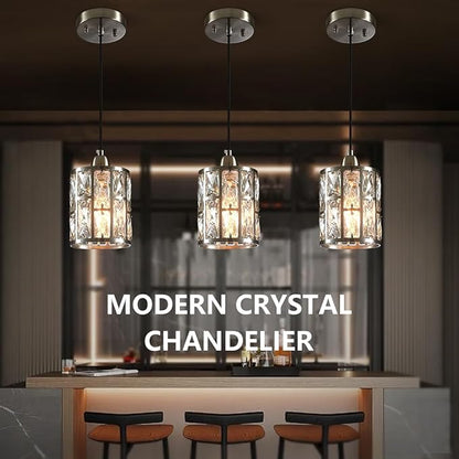 3 Pack Kitchen Ceiling Light Fixtures Crystal Hanging Pendant Lighting with Brushed Nickel Plating Finish Metal Shade for Kitchen Island Dining Room Bar Over Sink