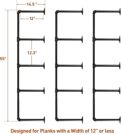 HITOMEN Industrial Iron Pipe Shelves, 3 Set 5-Tier, 55" Tall, 12" Depth, DIY Open Bookshelf Bookcase, Wall Mounted Vintage Retro Shelving, Rustic Farmhouse Pantry Kitchen Storage, Black Shelf Brackets