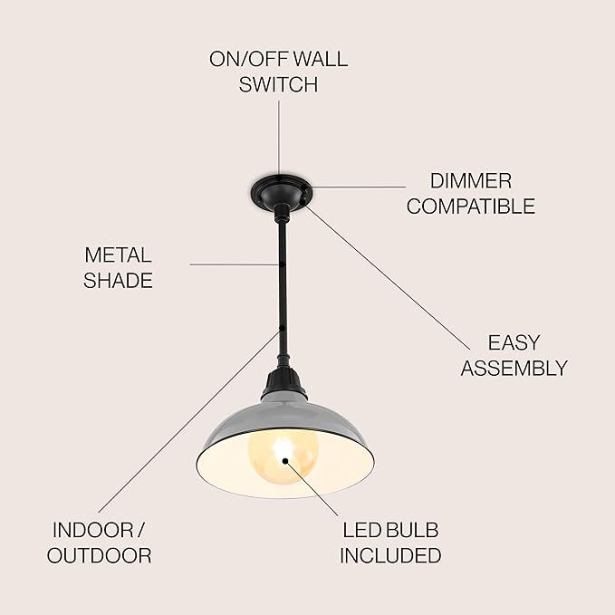 JONATHAN Y 12.25" Gray/Black 1-Light Farmhouse Indoor/Outdoor LED Pendant Iron Hanging Light, and Black Metal Shade, Rustic Ceiling Lamp for Kitchen Island, LED Bulb Included (JYL7611D)